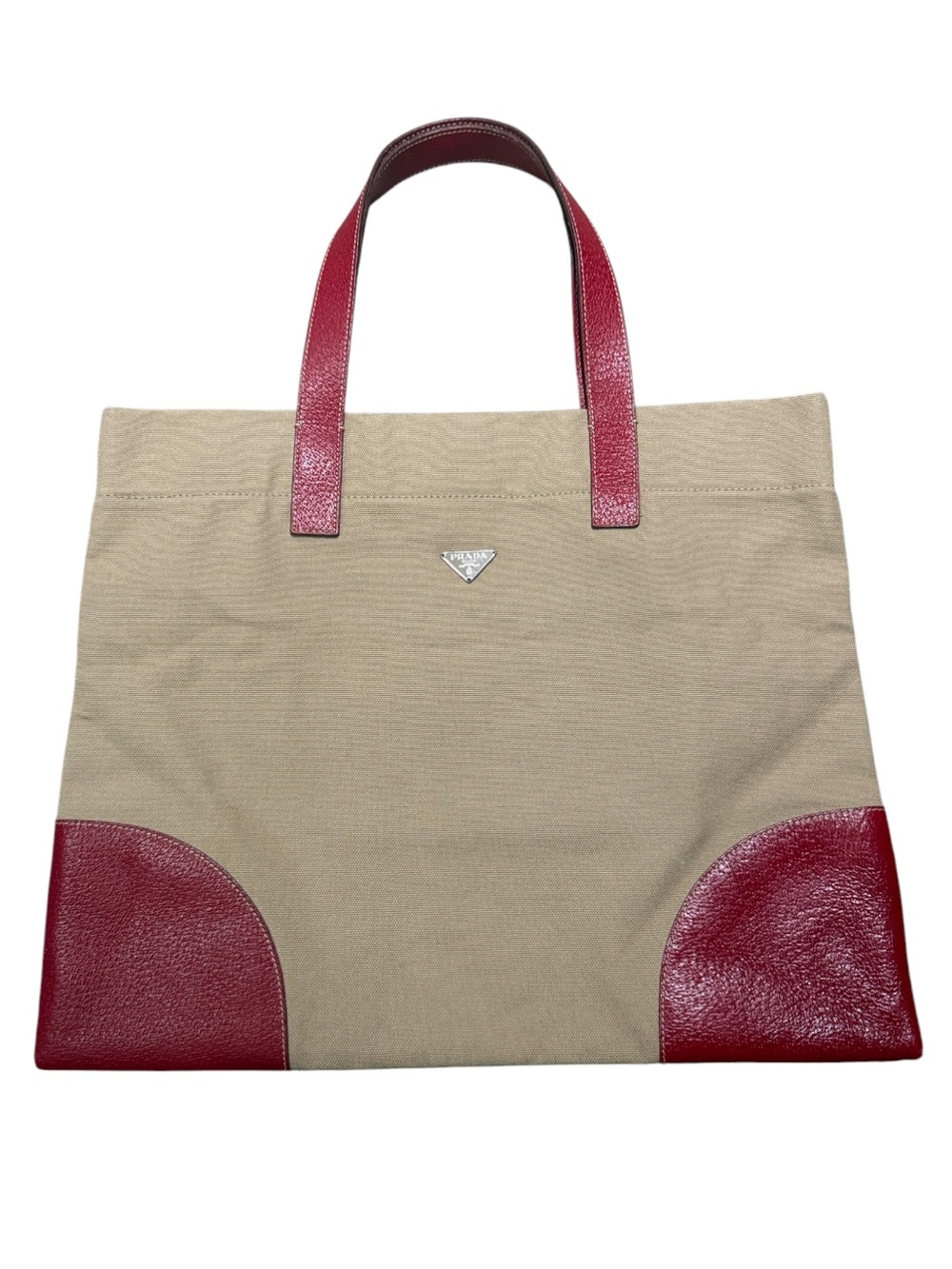 Vintage Prada Enameled Triangle Logo Canapa Cinghi Canvas Tote Red Leather Trim - Picture 3 of 8